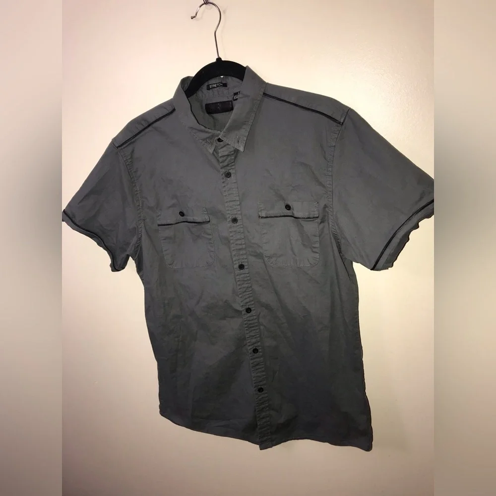 STEVE’S Jeans Mens Cotton Gray Military Style Short Sleeve Button Down Shirt L